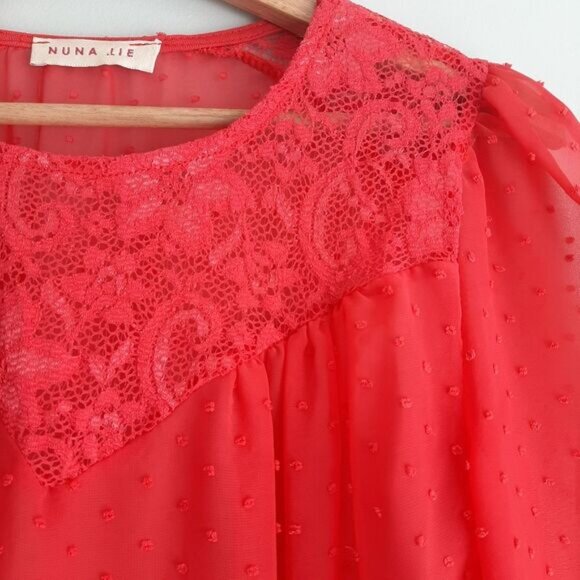 NUNA LIE Swiss Dot & Lace Semi-Sheer Lightweight Blouse Top Coal Red Sz S - Picture 6 of 12